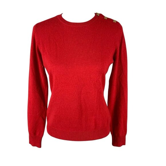 Lauren Ralph Lauren Red Cashmere Sweater Gold Shoulder Buttons Pullover MP - Picture 1 of 5